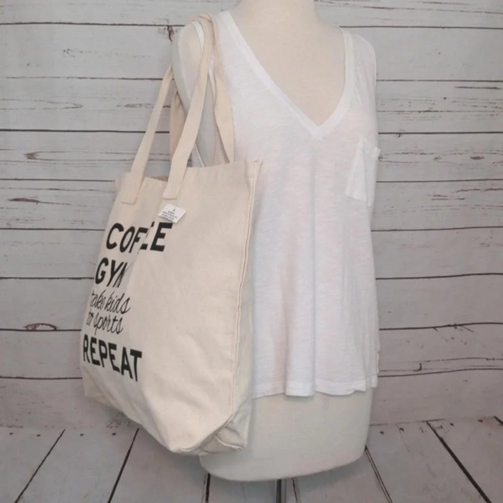 Coffee, Gym, Take Kids to Sports, Repeat‎ Natural Canvas Reusable Tote Bag